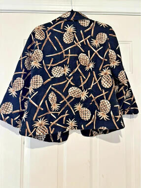 Silk Land silk black tropical theme 3/4 sleeve button down jacket sz L #1666